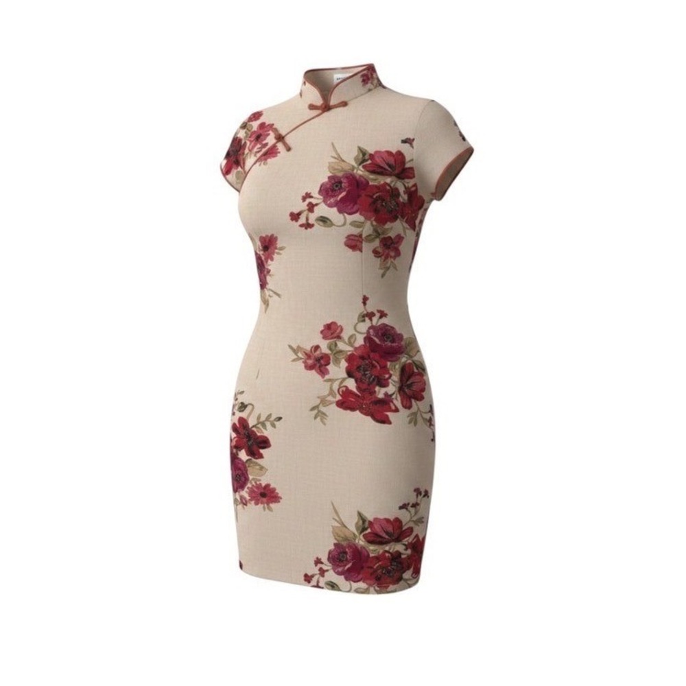 Floral Cheongsam Qipao Dress Mandarin Collar Beige Red Short Sleeve Mini